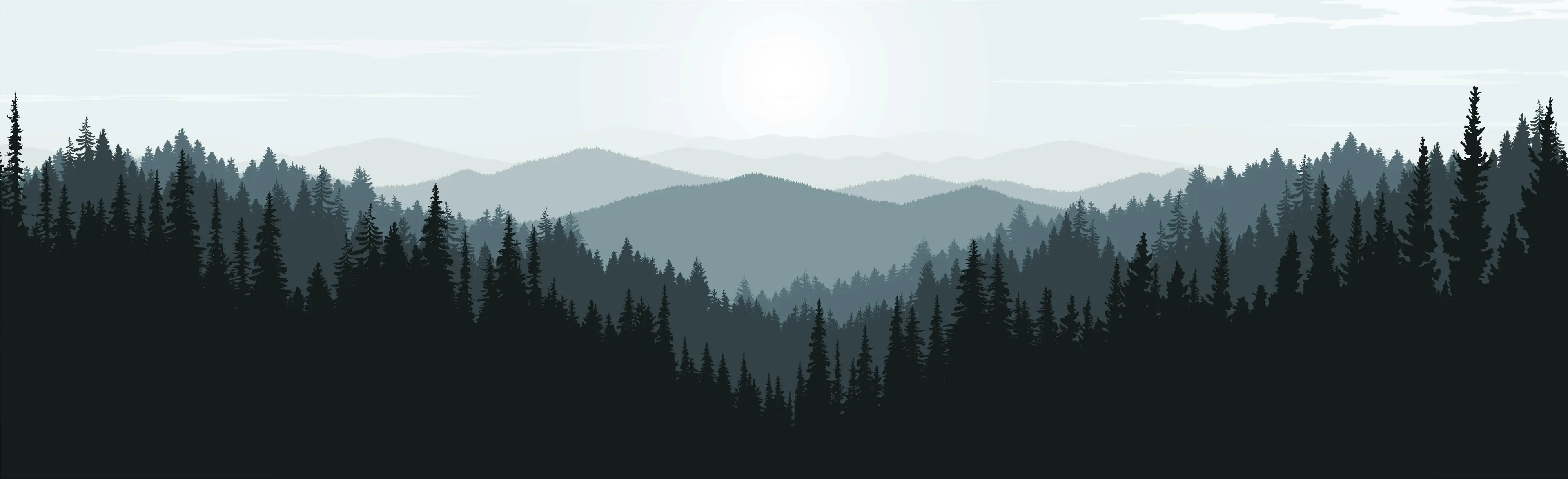 Illustration of a misty mountain range with dense evergreen forest in the foreground and layered hills fading into the distance under a soft, cloudy sky.